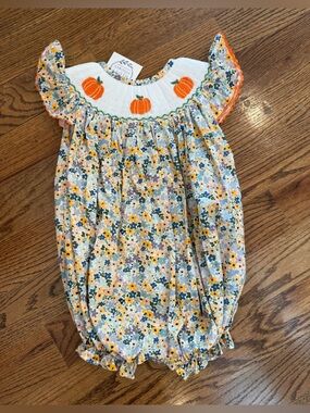 NWT Pleats & Stitches pumpkin fall floral print Bubble Romper Toddler Girls 3T